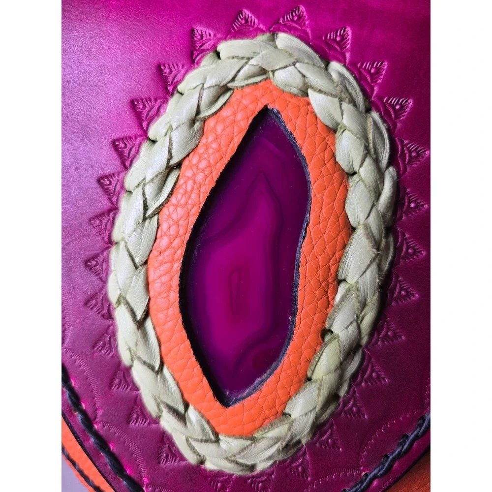 Handmade Leather Crossbody Bag Braided Strap Colorblock Pink Orange Green - Picture 4 of 16